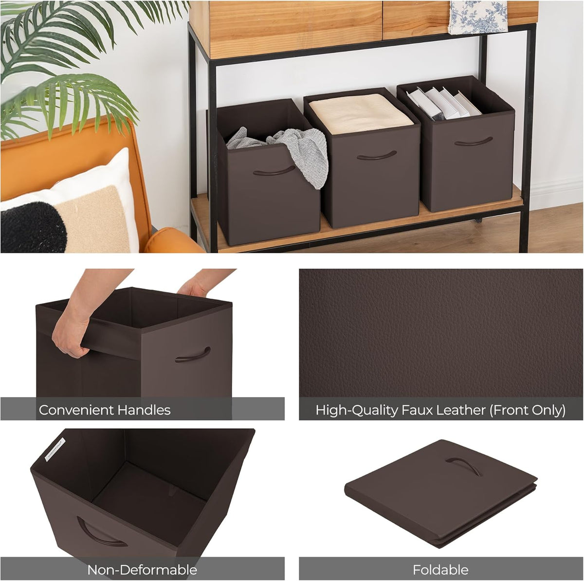 StorageWorks Brown Storage Cubes, 11 Inch Cube Storage Bins with Handle, Cube Storage Organizer