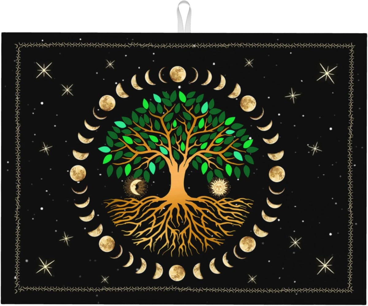 Black Microfiber Dish Drying Mat for Kitchen Counter 18"x24" Ancient Life Tree Decorative Dishes