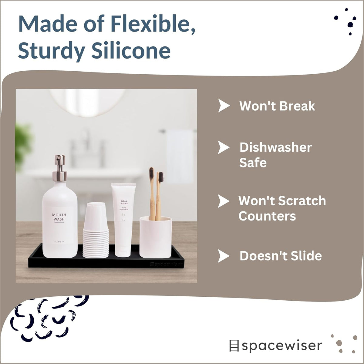 Countertop and Vanity Tray - 2 PC Large 11.7" Silicone Bathroom Trays, Counter Organizer, Dish Soap