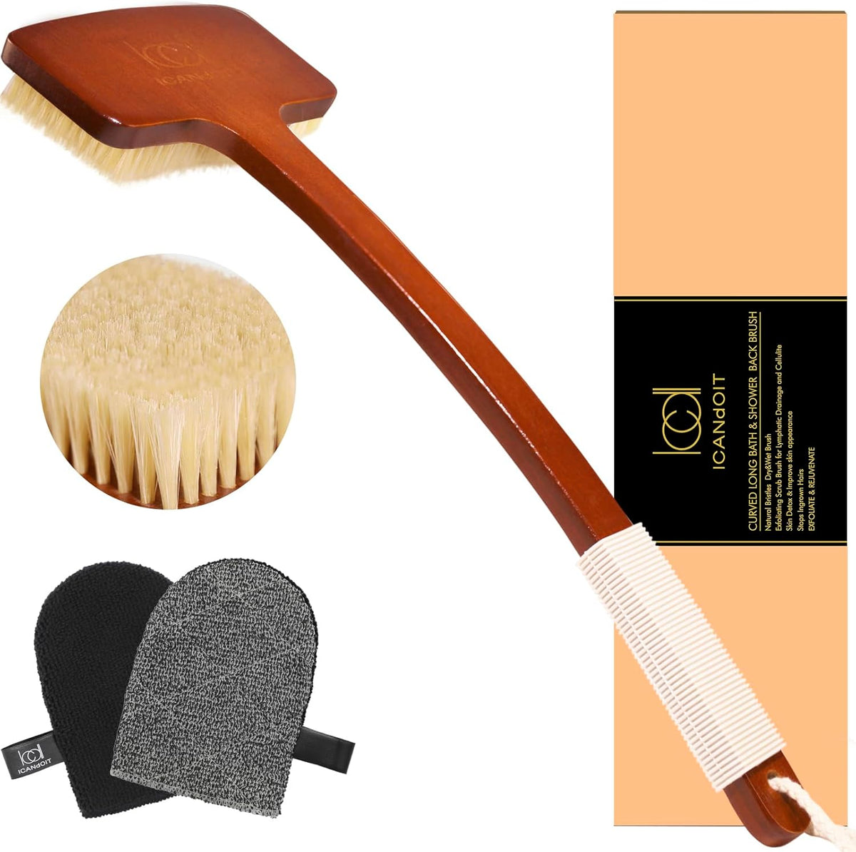 ICANdOIT Exfoliation Set-17.71 Inch Boar Bristles Back Scrubber Bath Brush,Shower Brush with