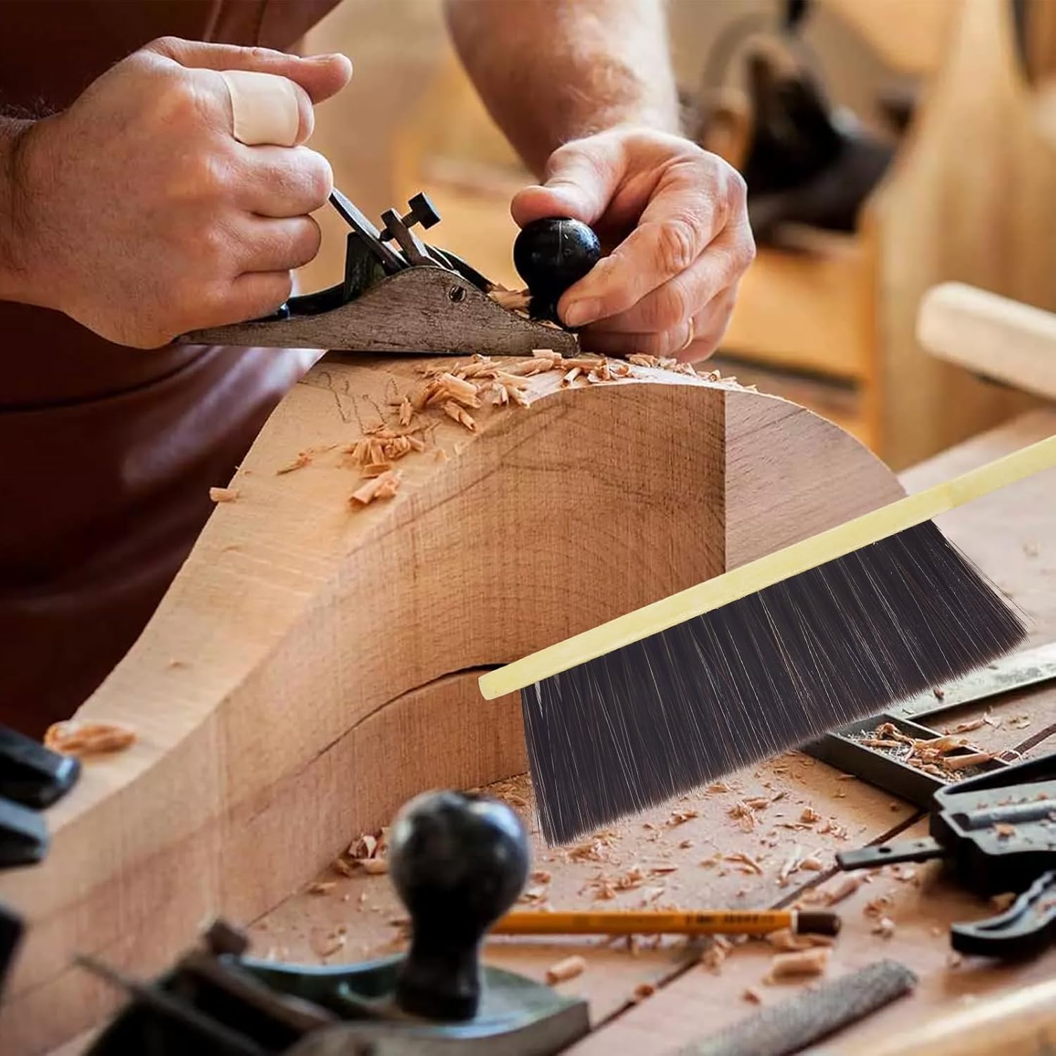 2 Piece Wooden Hand Broom, Dust Brush,Bench Brushes,Soft Bristles, Long Fireplace Brush with Wood