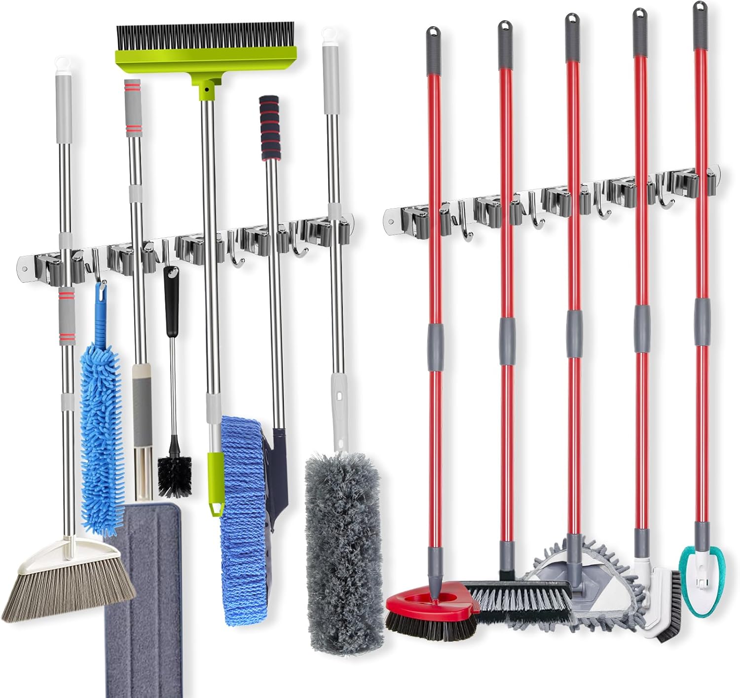 voze [2 Pack] 5 Racks and 4 Hooks Mop and Broom Holder Wall Mount, Self Adhesive Heavy Duty Broom
