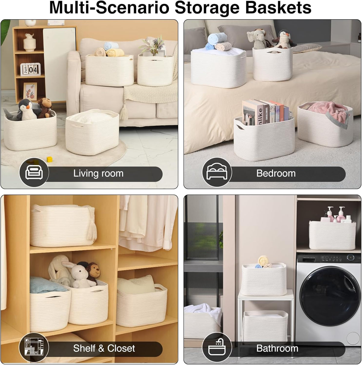 Storage Baskets for Organizing & Shelves, Woven Cotton Rope Organization Bins for Dog Toys