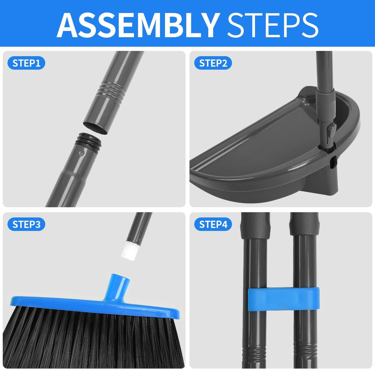 Broom and Dustpan Set ，Long Handle Broom with Upright Standing Dust pan for Indoor Outdoor Home