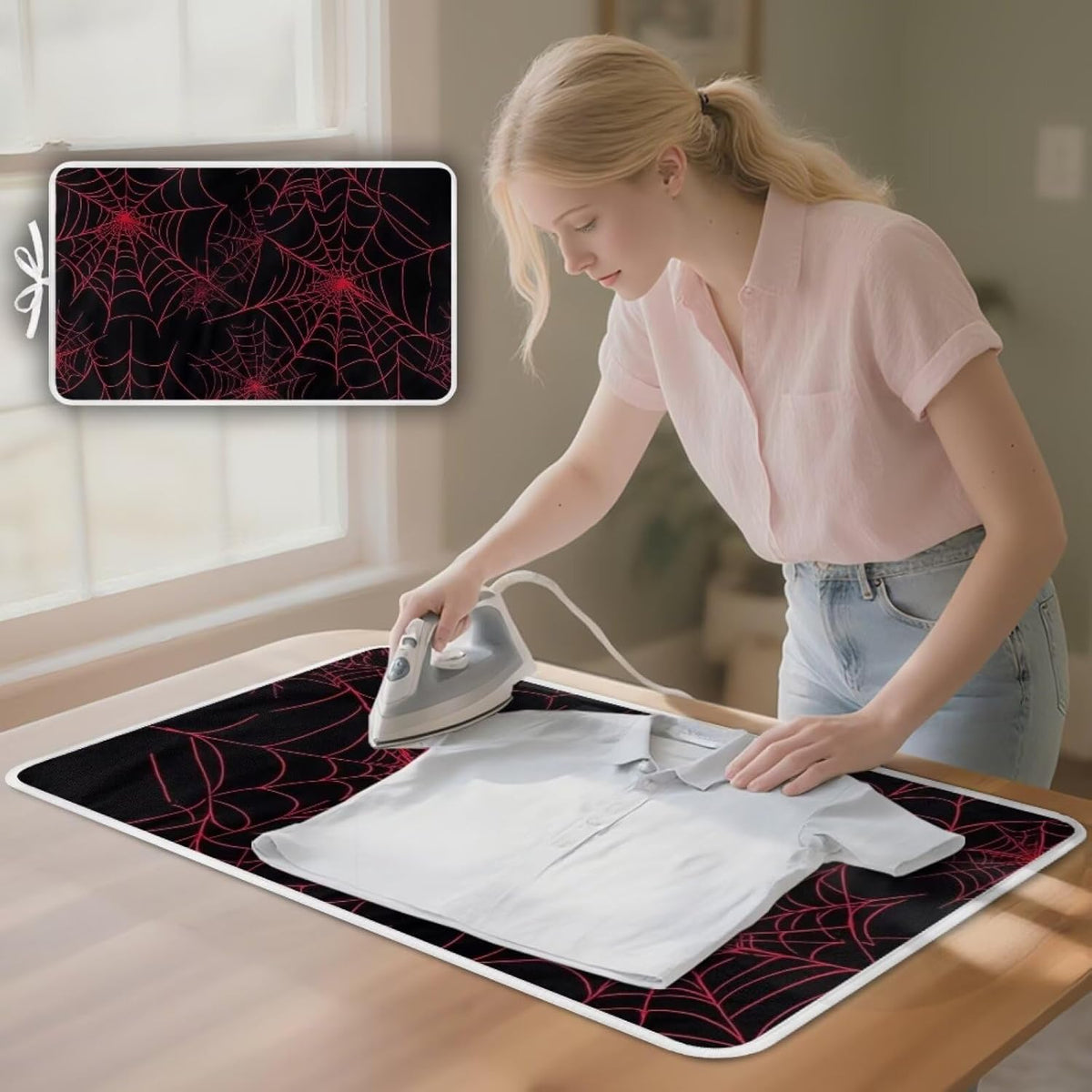 Ironing Mat Red Spider Web Portable Ironing Pad Blanket for Table Top Heat Resistance Foldable