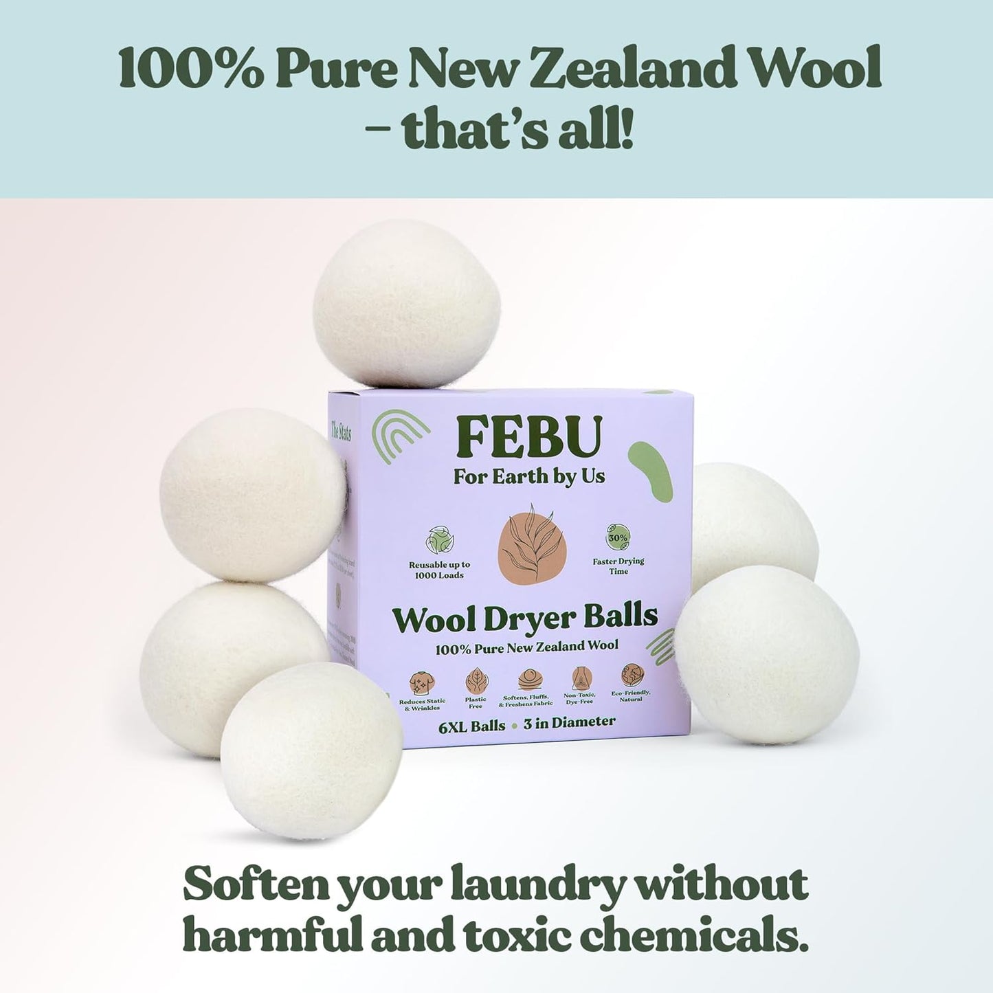 FEBU Wool Dryer Balls, 6-Pack, XL | 100% New Zealand Wool | Natural, Reusable Fabric Softener |