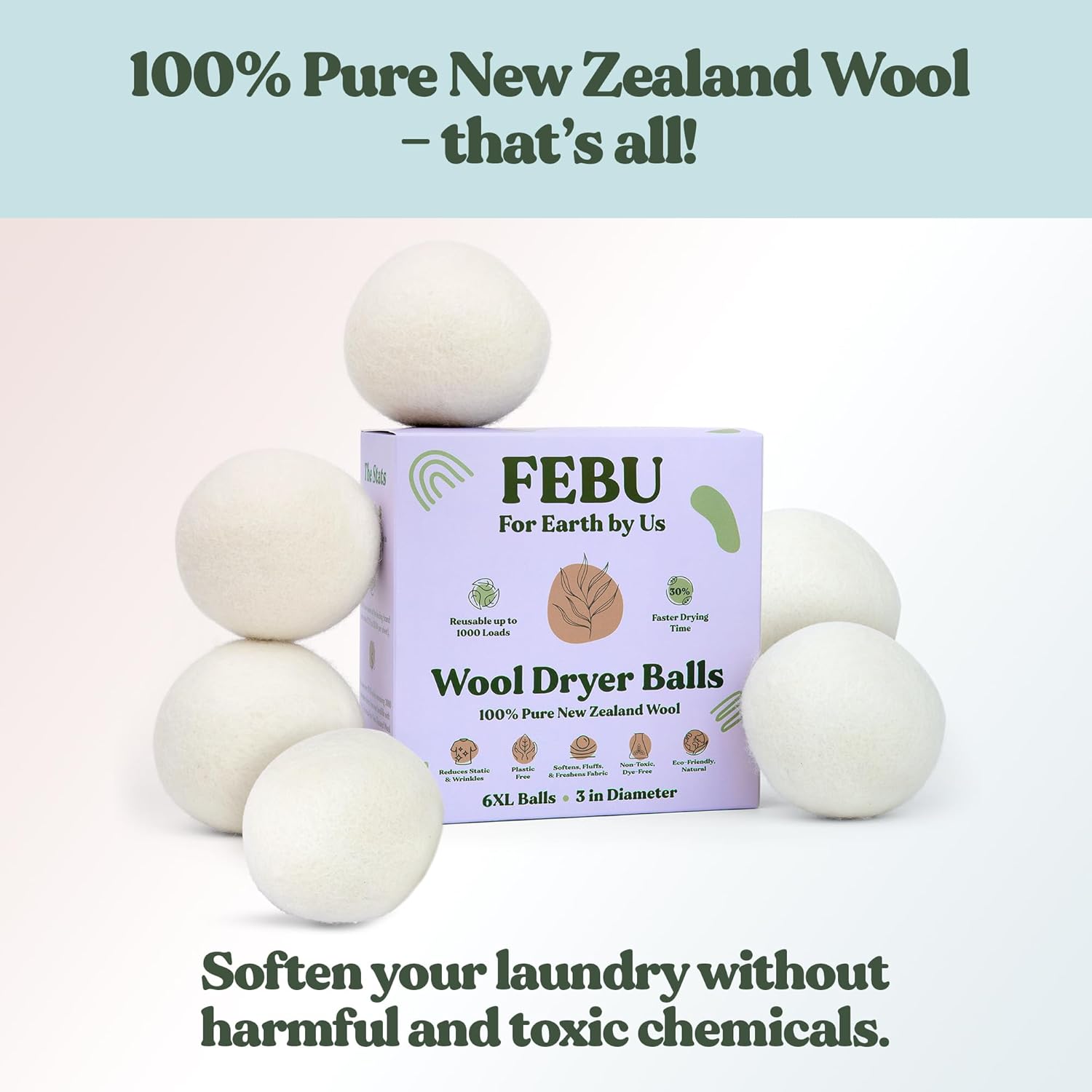 FEBU Wool Dryer Balls, 6-Pack, XL | 100% New Zealand Wool | Natural, Reusable Fabric Softener |