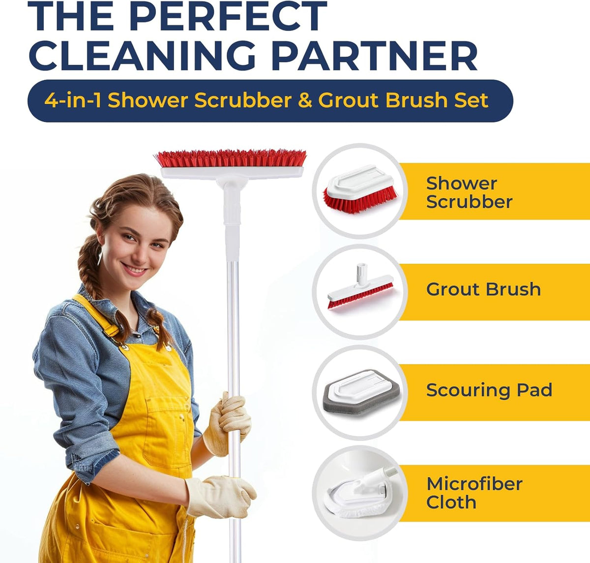 Shower Scrubber with Long Handle, Stiff Bristles Grout-Brush, Tub Scrub-Brush with Long-Handle