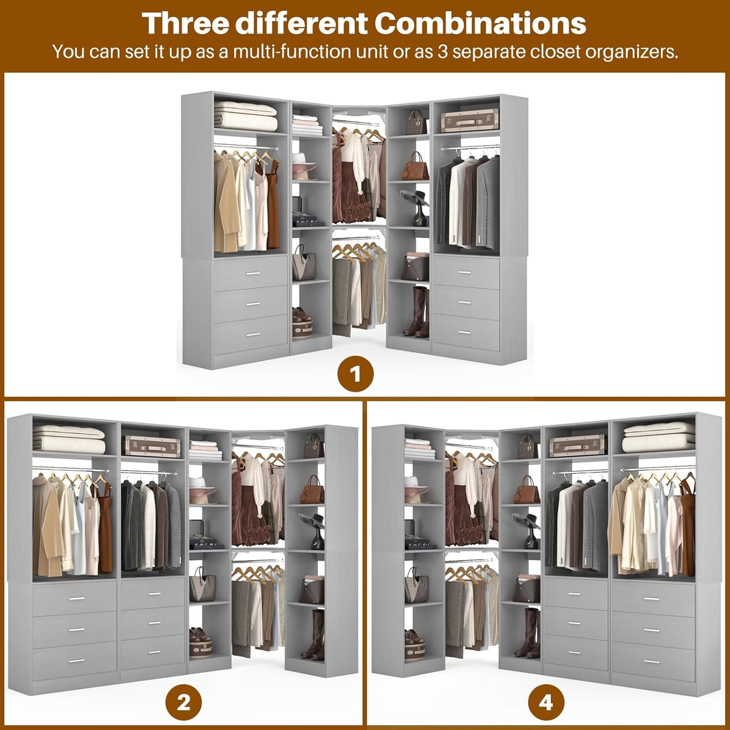 Corner Closet System with 6 Drawers, Closet Organizer System with 14 Shelves & 4 Hanging Rods
