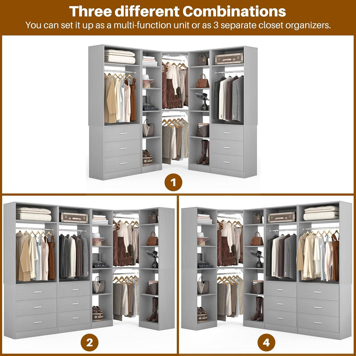 Corner Closet System with 6 Drawers, Closet Organizer System with 14 Shelves & 4 Hanging Rods