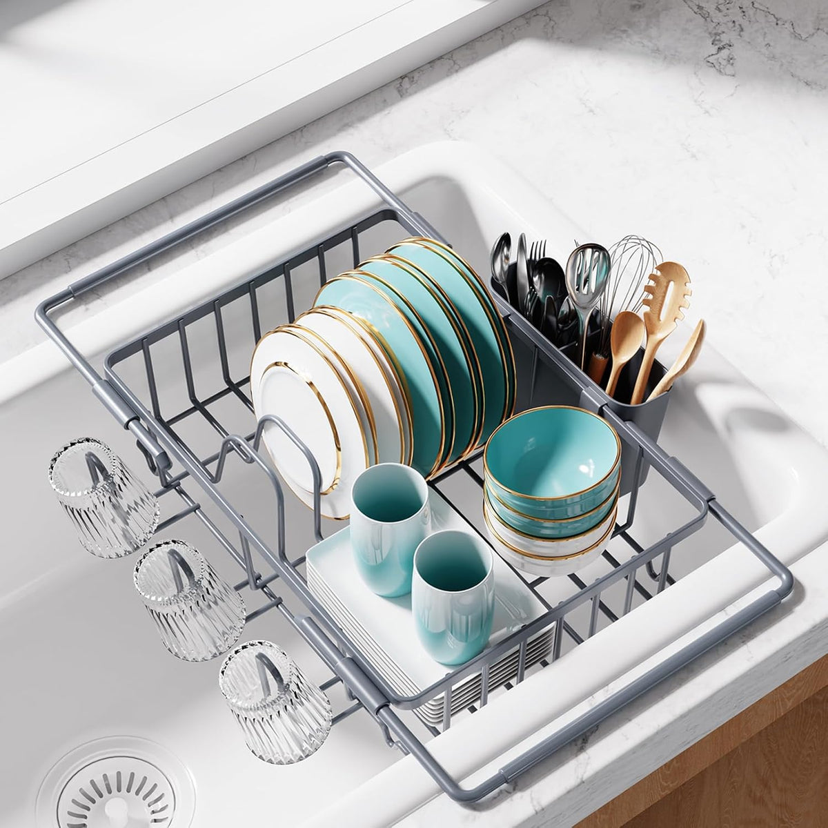 Dish Drying Rack in Sink - Expandable Stainless Steel Dish Rack Over The Sink, Kitchen Sink Drain