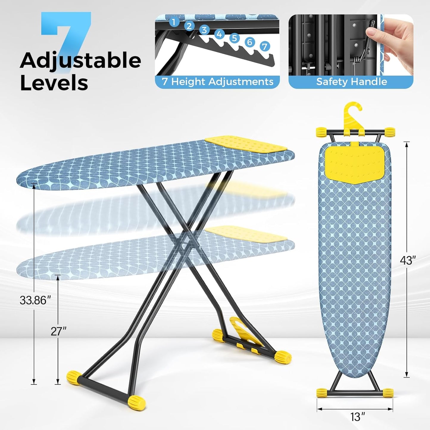 KINGBOARD Ironing Board, Compact Iron Board with Silicon Iron Mat, Heat Resistant Cover, 7 Height