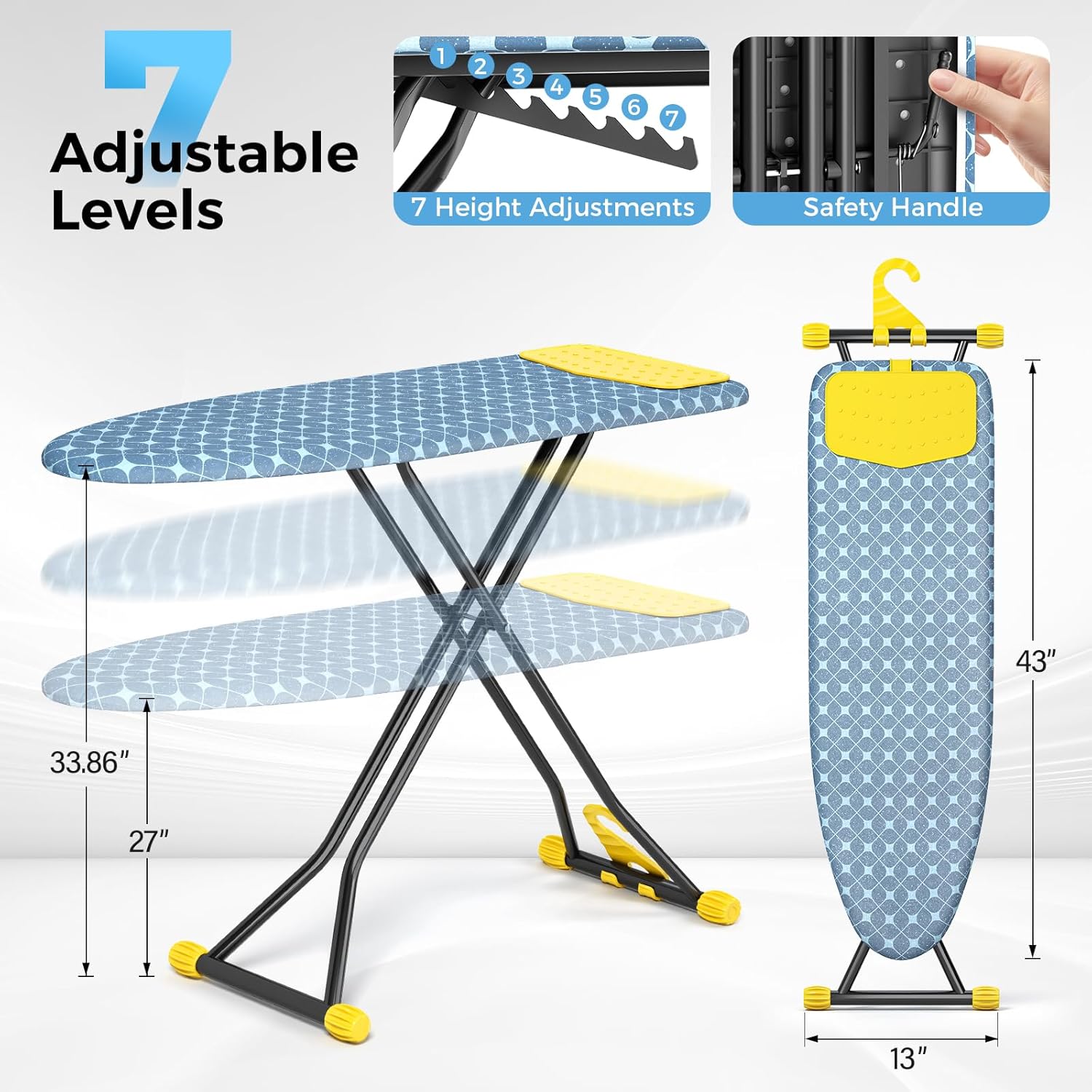 KINGBOARD Ironing Board, Compact Iron Board with Silicon Iron Mat, Heat Resistant Cover, 7 Height