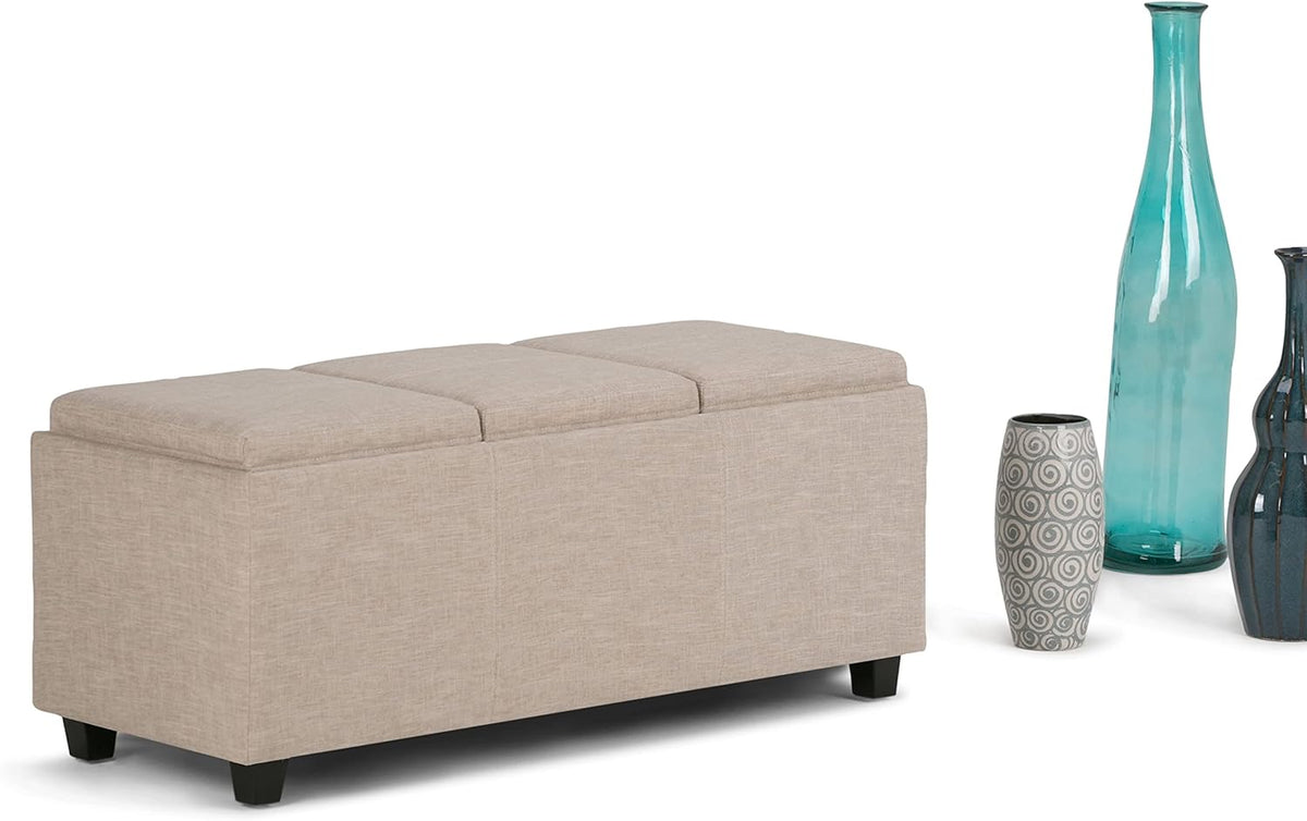SIMPLIHOME Avalon 42 inch Wide Contemporary Rectangle Storage Ottoman in Natural Linen Look Fabric