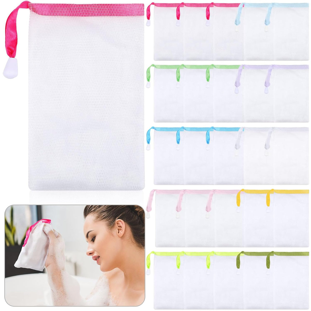 Sunnyray 25 Pcs 10 Colors Soap Bag Soft Handmade Soap Bubble Mesh Bags Exfoliating Mesh Pouch with