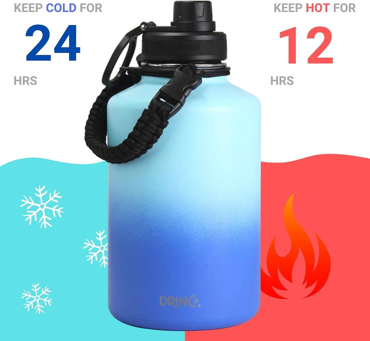 DRINCO Stainless Steel Water Bottle Spout Lid Vacuum Insulated Double Wall Water Bottle(64oz 40oz