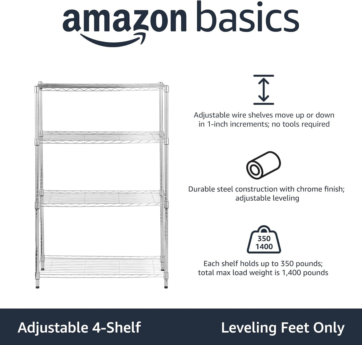 Amazon Basics 4-Shelf Adjustable Heavy Duty Steel Wire Rack Storage Shelving Organizer for Kitchen