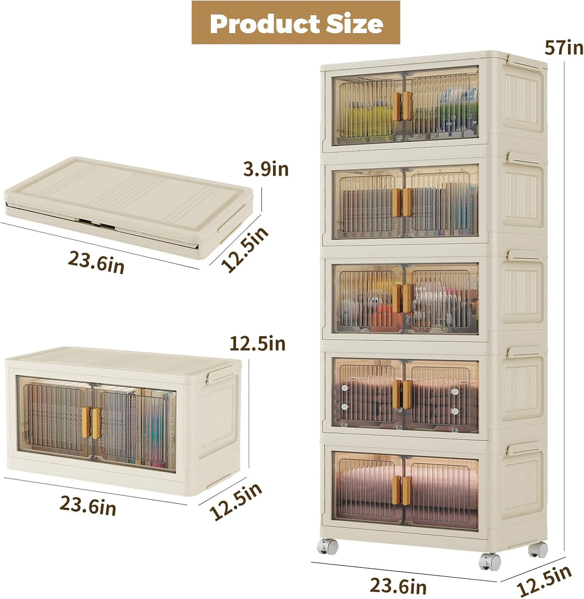 5 Tier Stackable Plastic Storage Bins with Lids 58QT, Collapsible Closet Organizers and Storage