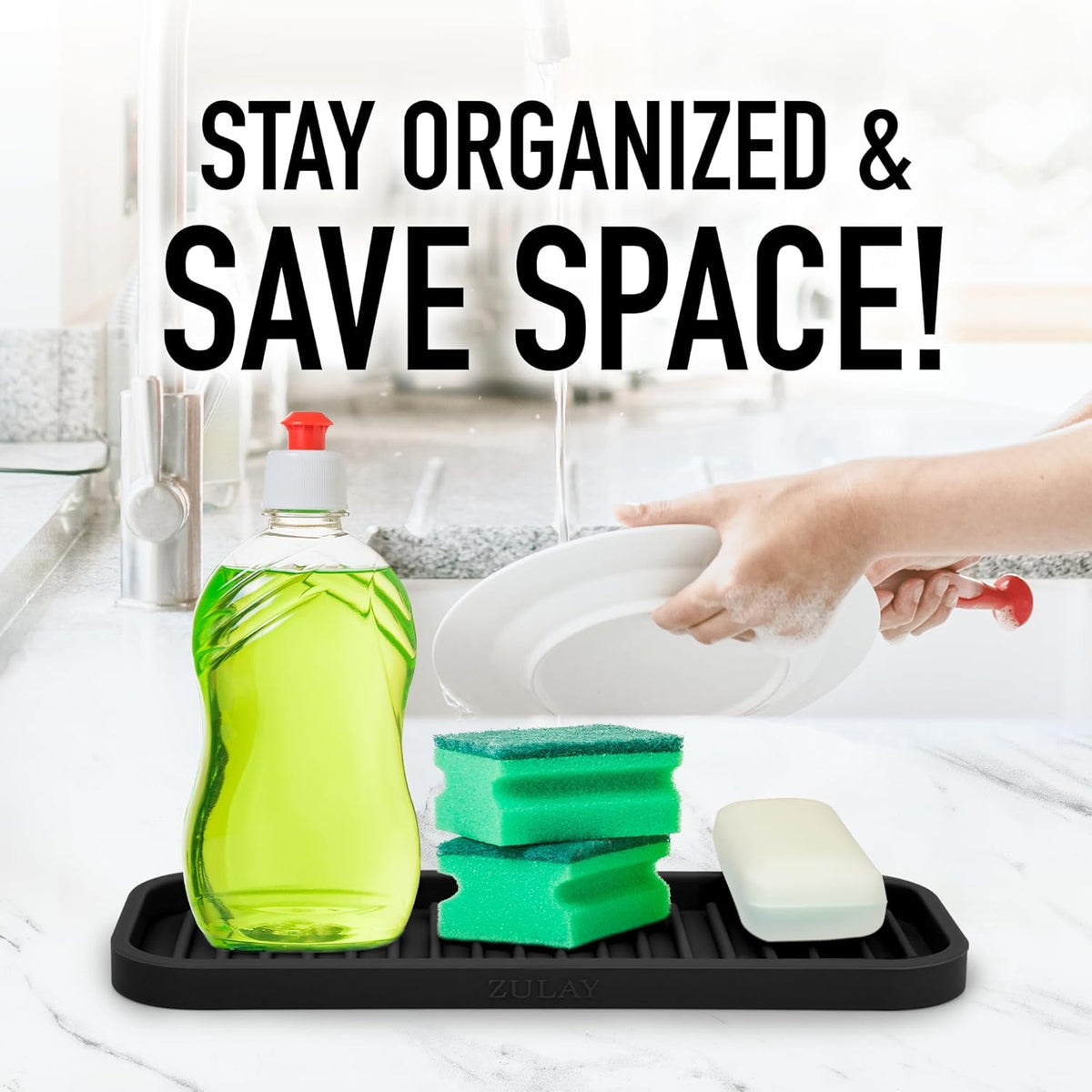 Zulay Kitchen (9x3.5) Silicone Sponge Holder for Kitchen Sink - Flexible Multipurpose Soap Tray
