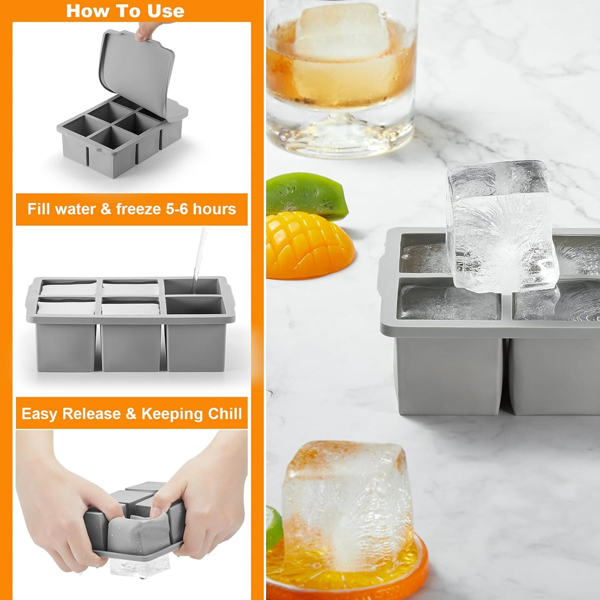 Nax Caki Large Ice Cube Tray with Lid Pack of 2, Stackable Big Silicone Square Ice Cube Mold for