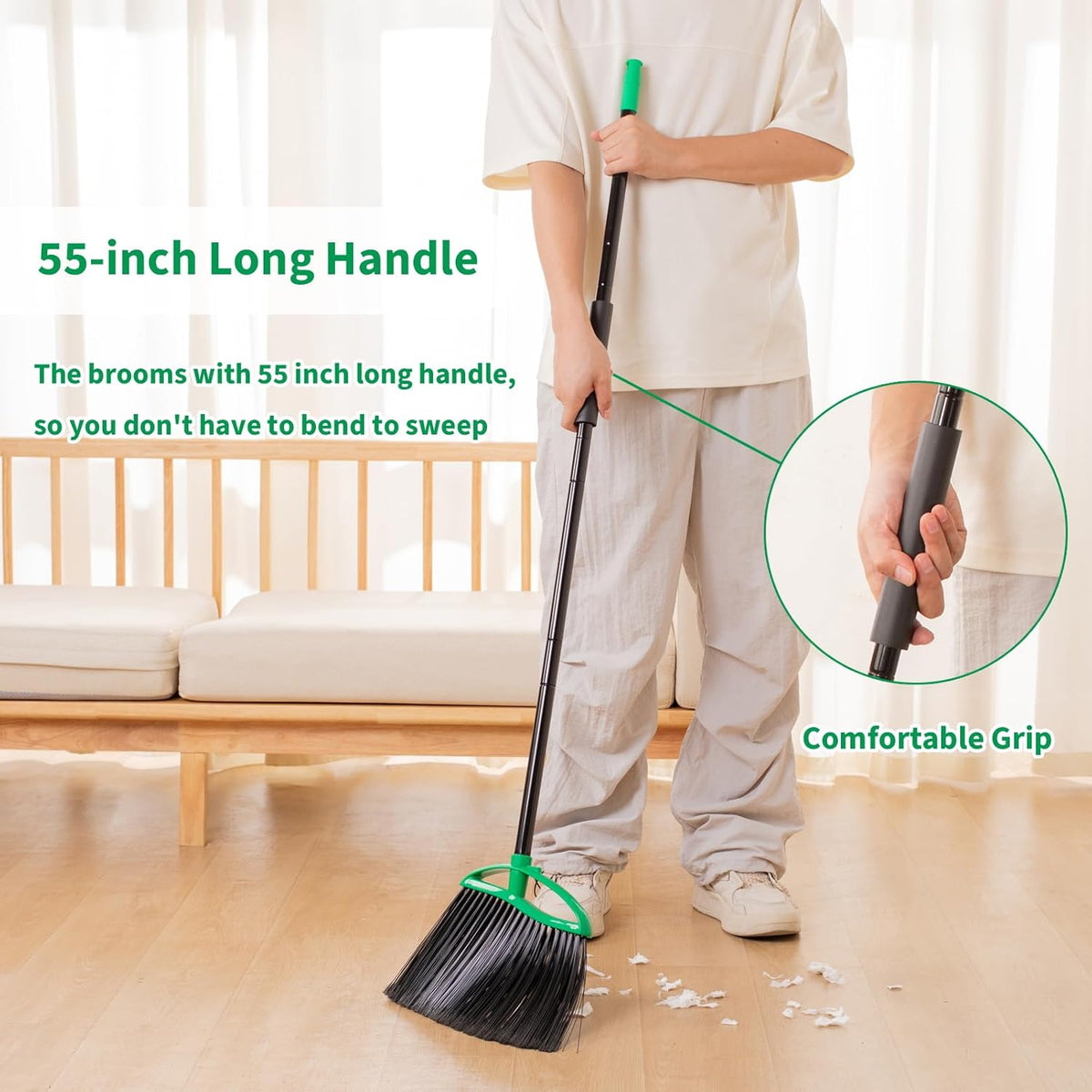 2 Pack Angle Broom, 55" Long Handle Heavy-Duty Indoor Outdoor Brooms, Household Commercial Floor