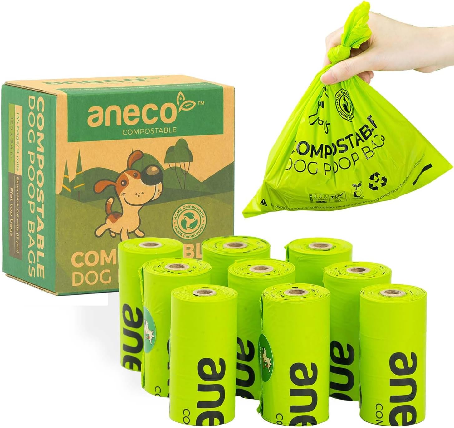 ANECO 100% Certified Home Compostable Dog Poop Bags (135 Count/9 Rolls), Large Poop Bags for Dogs &