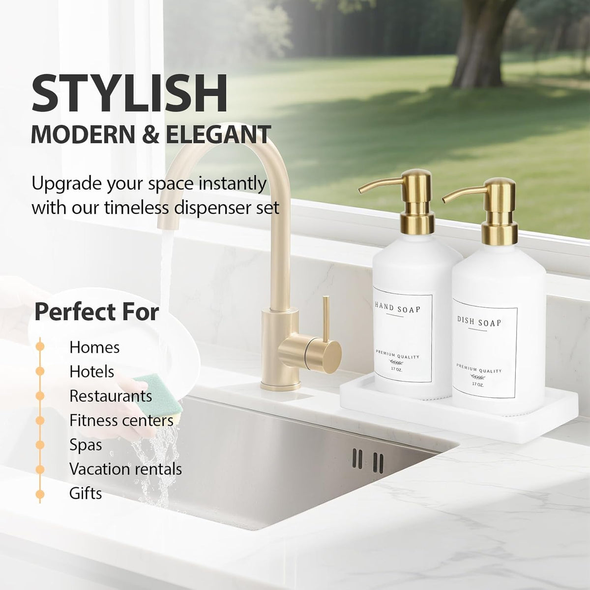 Gold Soap Dispenser Set, Glass Hand and Dish Soap Dispenser Set with Tray,Stainless Pump,14