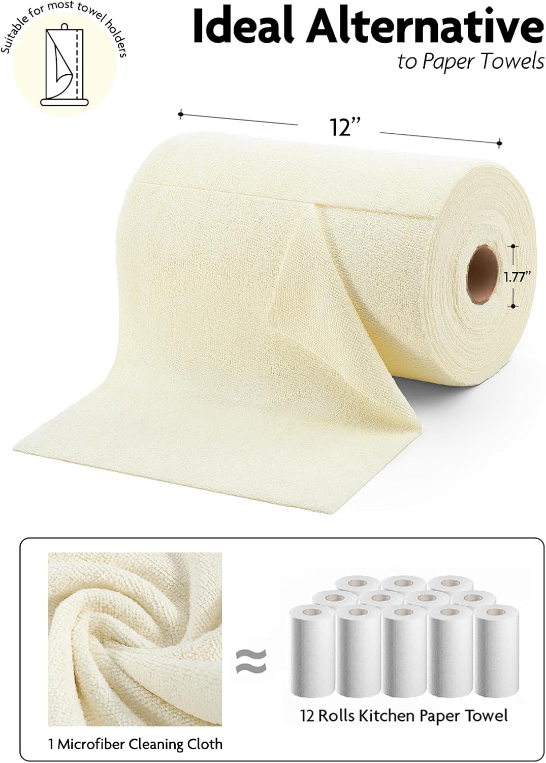 Fantasticlean Microfiber Cleaning Cloth Roll -75 Pack, Tear Away Microfiber Towels, 12" x 12"