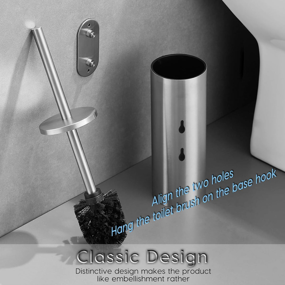 Brushed Stainless Steel Toilet Brush and Cover, No-Punch Hook Base Dual Purpose Toilet Brush Holder