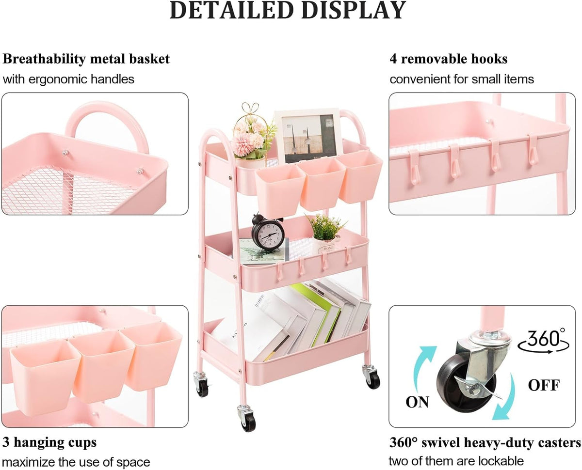 Danpinera 3-Tier Rolling Cart, Metal Storage Cart with Lockable Wheels, Hanging Cups & Hooks