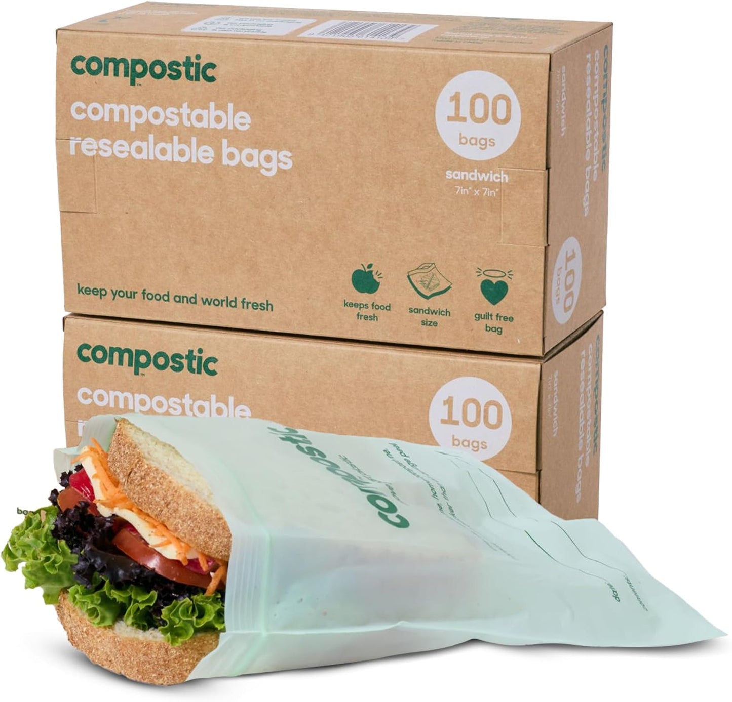 Compostic Home Compostable Resealable Sandwich Bags (7"x7"), Microwave & Freezer Safe, Organic Food