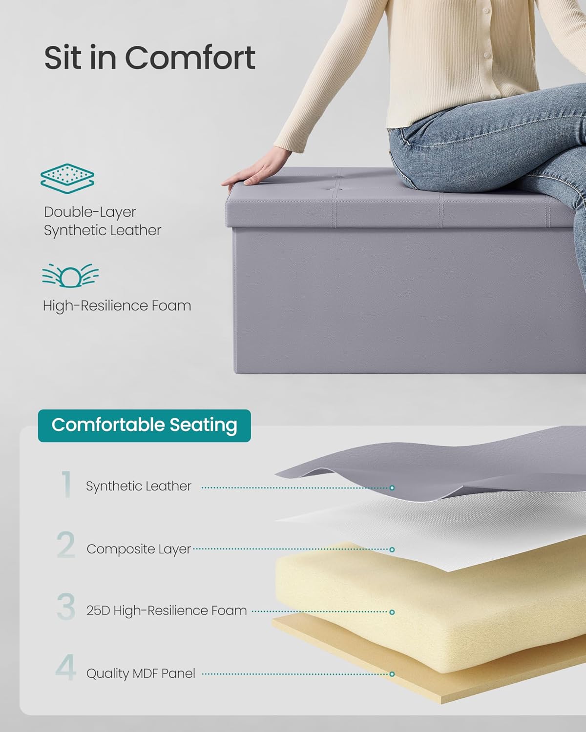 SONGMICS MAZIE Collection - 43 Inches Folding Storage Ottoman Bench, Ottoman with Storage, Foot