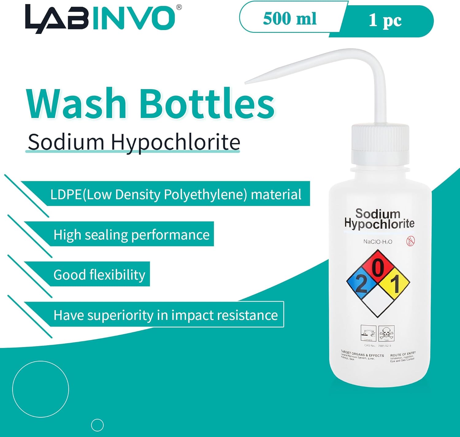 Sodium Hypochloride Wash Bottles, Vol.500ml (17oz), Narrow Mouth, Self-Venting Safety Wash Bottles