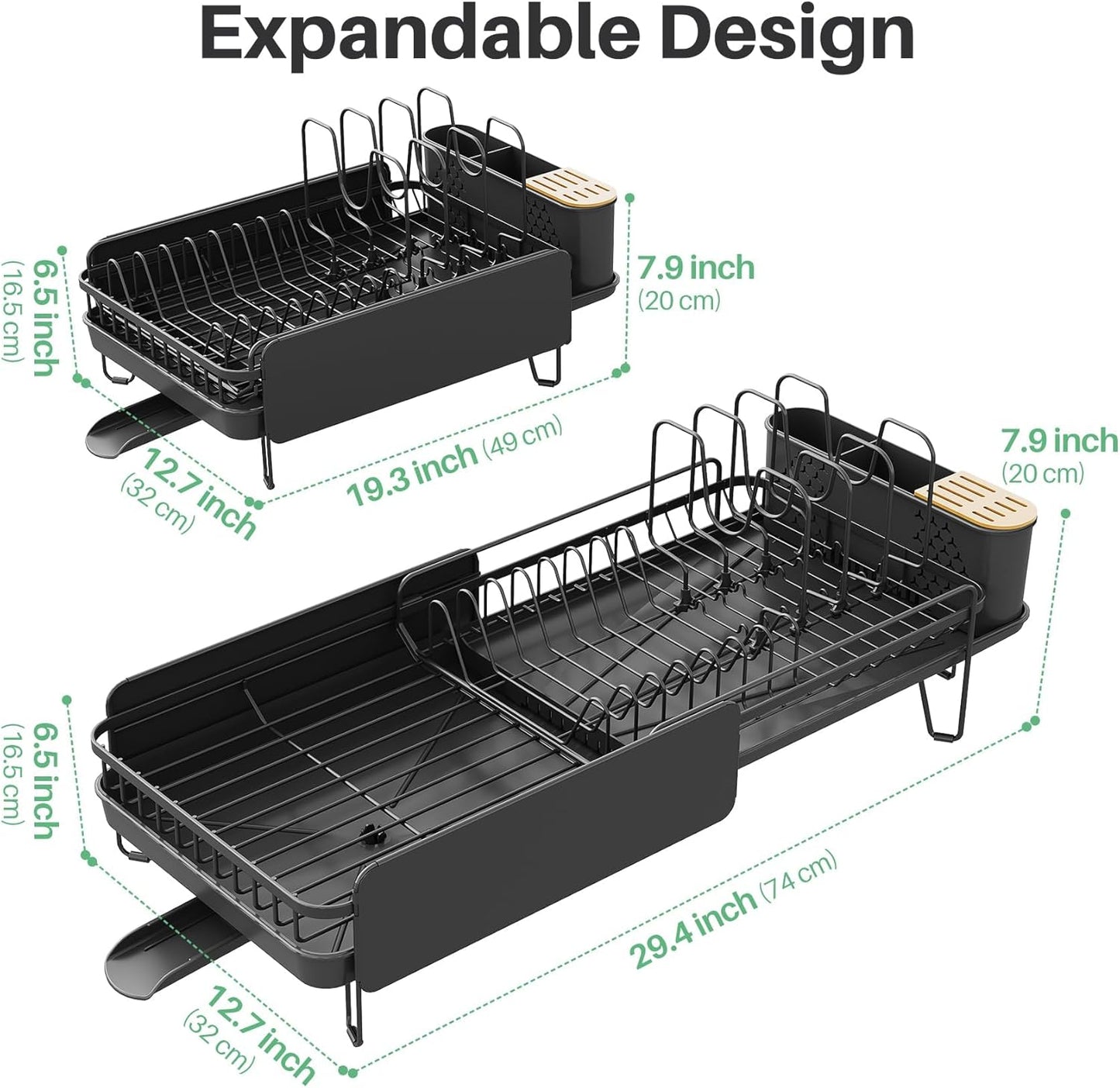 Large Dish Drying Rack - Expandable (19.3" to 29.4") Dish Rack for Kitchen Counter, Stainless Steel