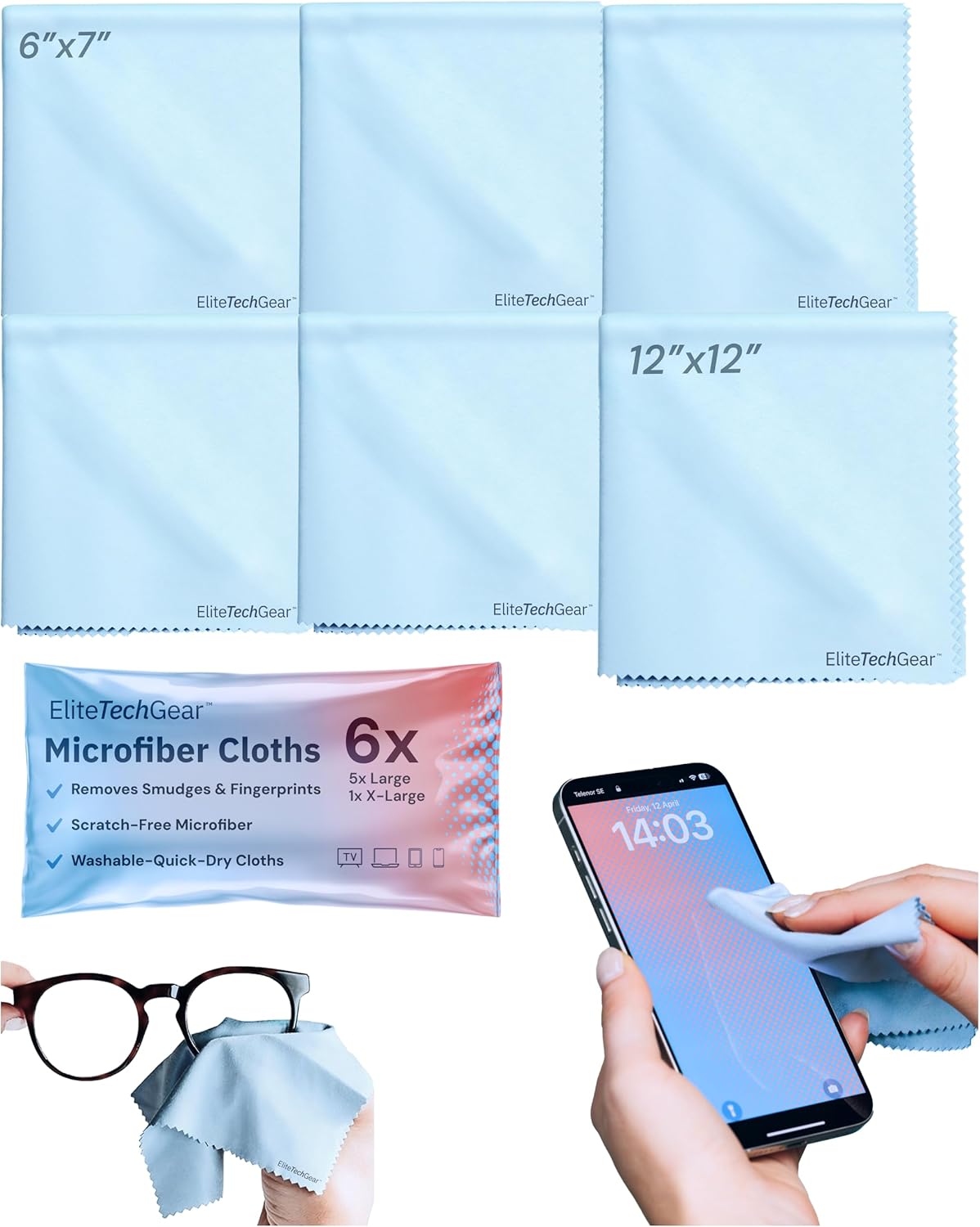 Elite Screens Microfiber Cleaning Cloths 6-Pack - 6×7 in & 12×12 in, Light Blue - Screen & Lens