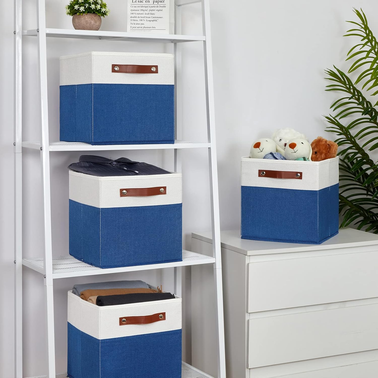 Temary 11 Storage Cube Bins for Shelves, Closet - 4 Pack Fabric Baskets With Leather Handles (White