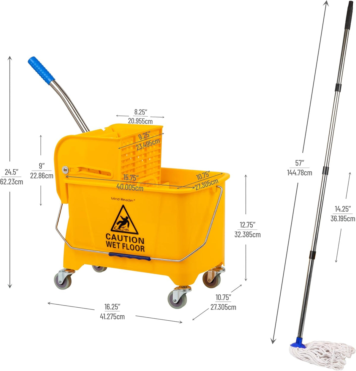 Mind Reader Bucket with Wringer and Mop Set, 22 Qt (5.5 Gallon), Floor Cleaning, Wheels, 16.25" L x