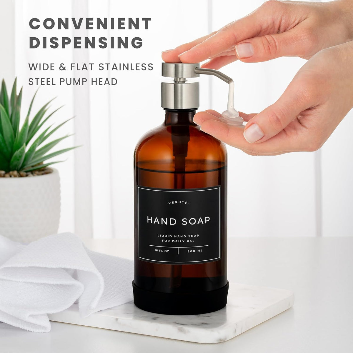16oz Glass Soap Dispenser with Stainless Steel Pump, 21 Waterproof Labels, Non-Slip Protective
