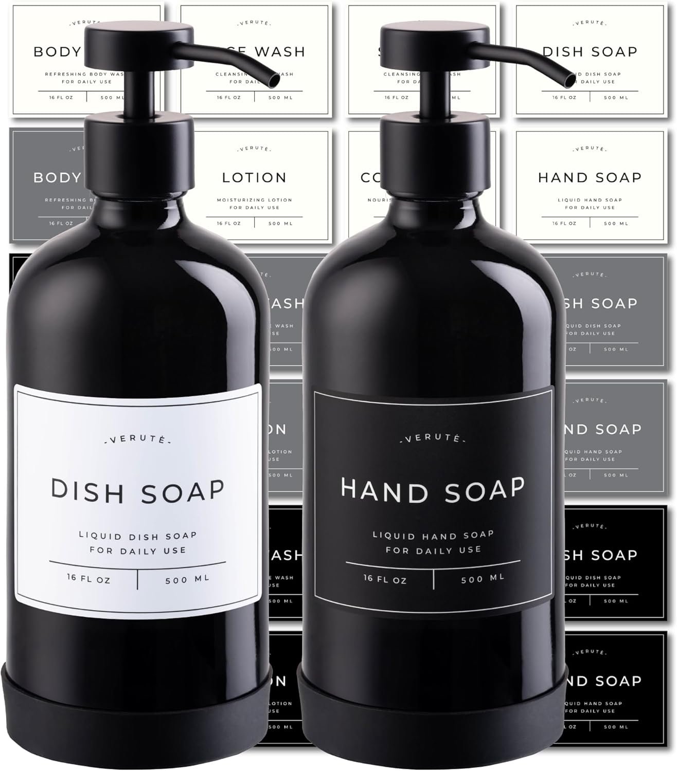 16oz Glass Soap Dispenser with Stainless Steel Pump, 21 Waterproof Labels, Non-Slip Protective