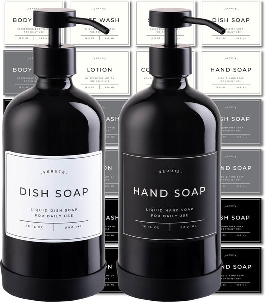 16oz Glass Soap Dispenser with Stainless Steel Pump, 21 Waterproof Labels, Non-Slip Protective