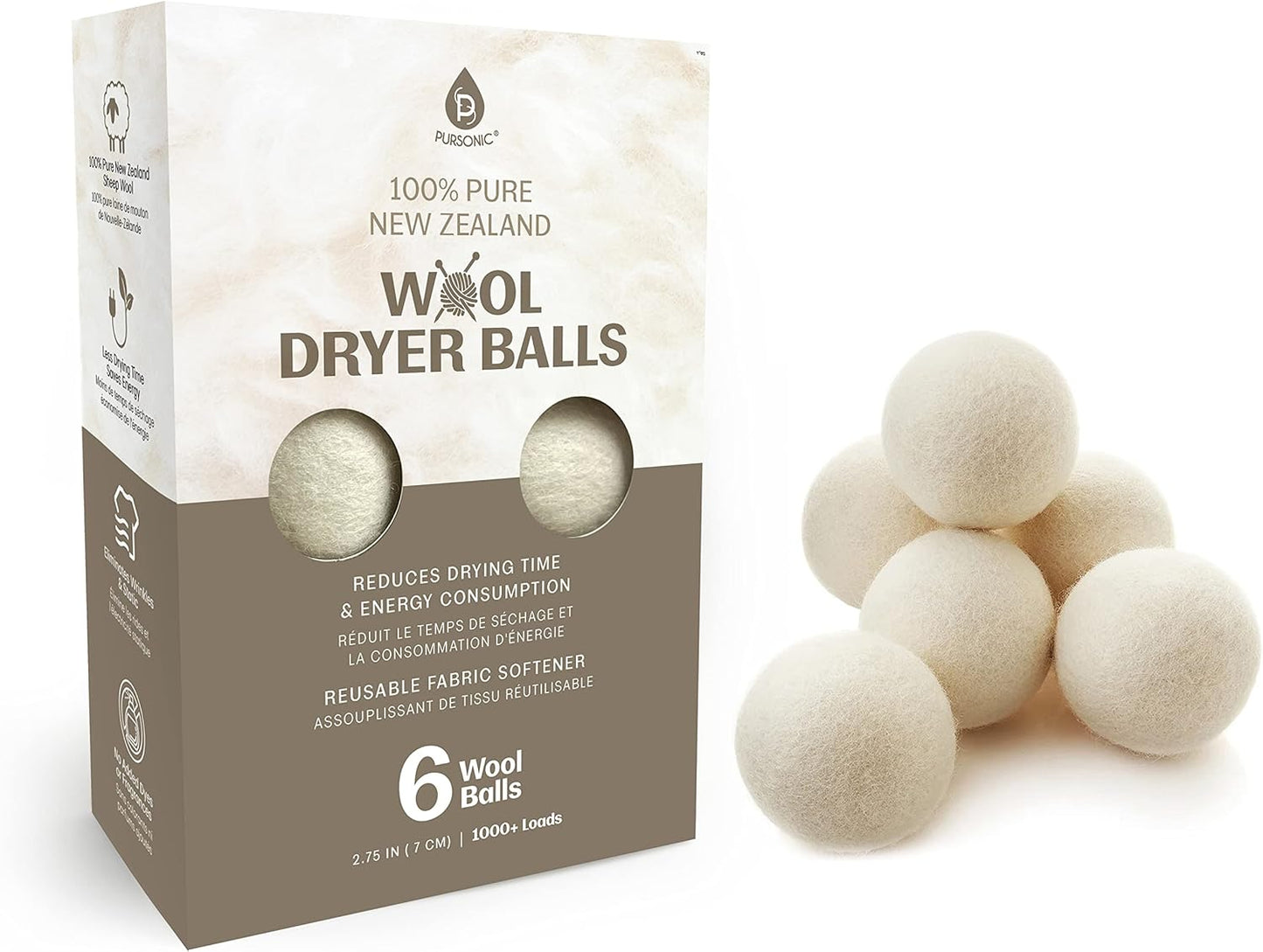 Pursonic Laundry Wool Dryer Balls – Reusable Dryer Balls Made from 100% Pure New Zealand Wool