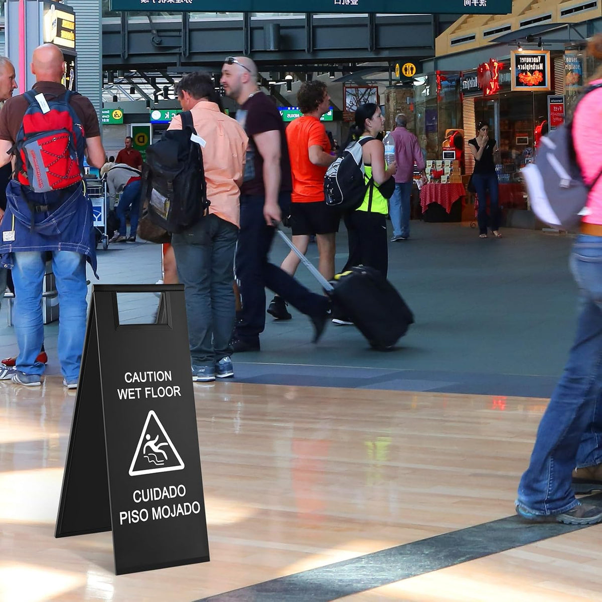 Stainless Steel Wet Floor Caution Sign Bulk 8.8 Pound Portable Foldable Handle Bilingual Safety