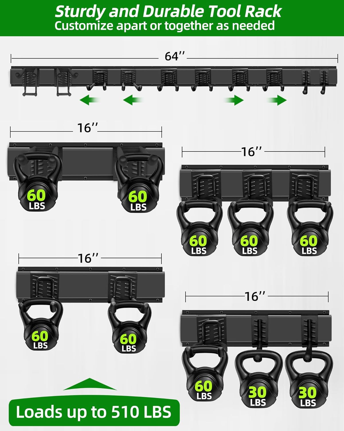 64 inches Garage Tool Organizer Wall Mount, Heavy Duty Garden Tool Organizer Rack, Hanging Storage