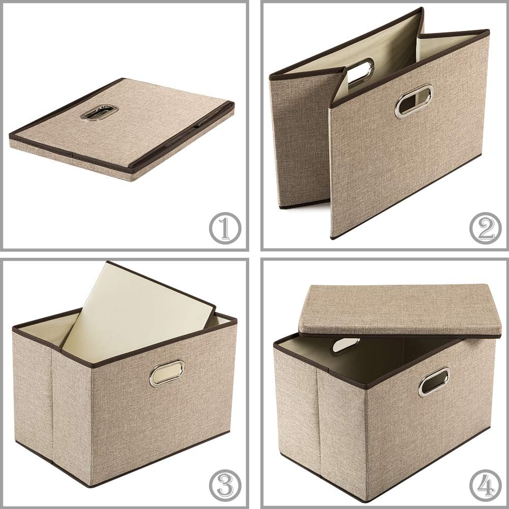 PRANDOM Large Collapsible Storage Bins with Lids [3-Pack] Jute Fabric Foldable Storage Boxes