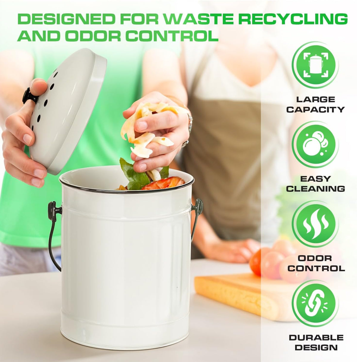 Plexon Countertop Compost Bin Kitchen Indoor with Lid, Off-White 1.5 Gallon Odorless Container