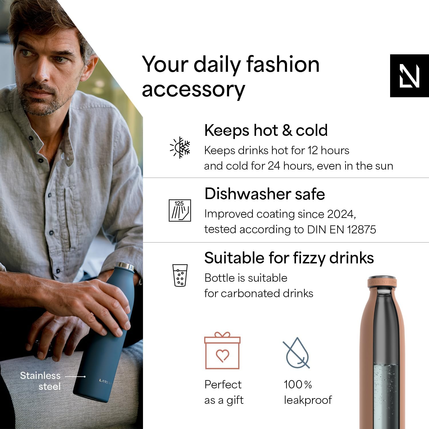 LARS NYSØM Stainless Steel Insulated Water Bottle 12oz 17oz 25oz 34oz 51oz | Insulated Thermo Flask