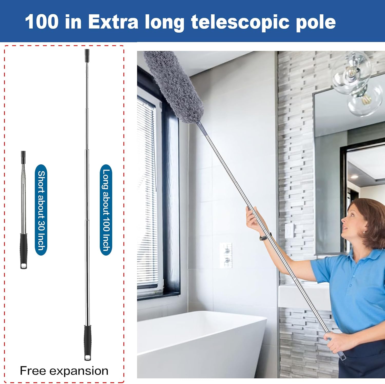 FUUNSOO Microfiber Feather Duster, Duster with Extension Pole 30-100 Inches,Ceiling Fan Cleaner