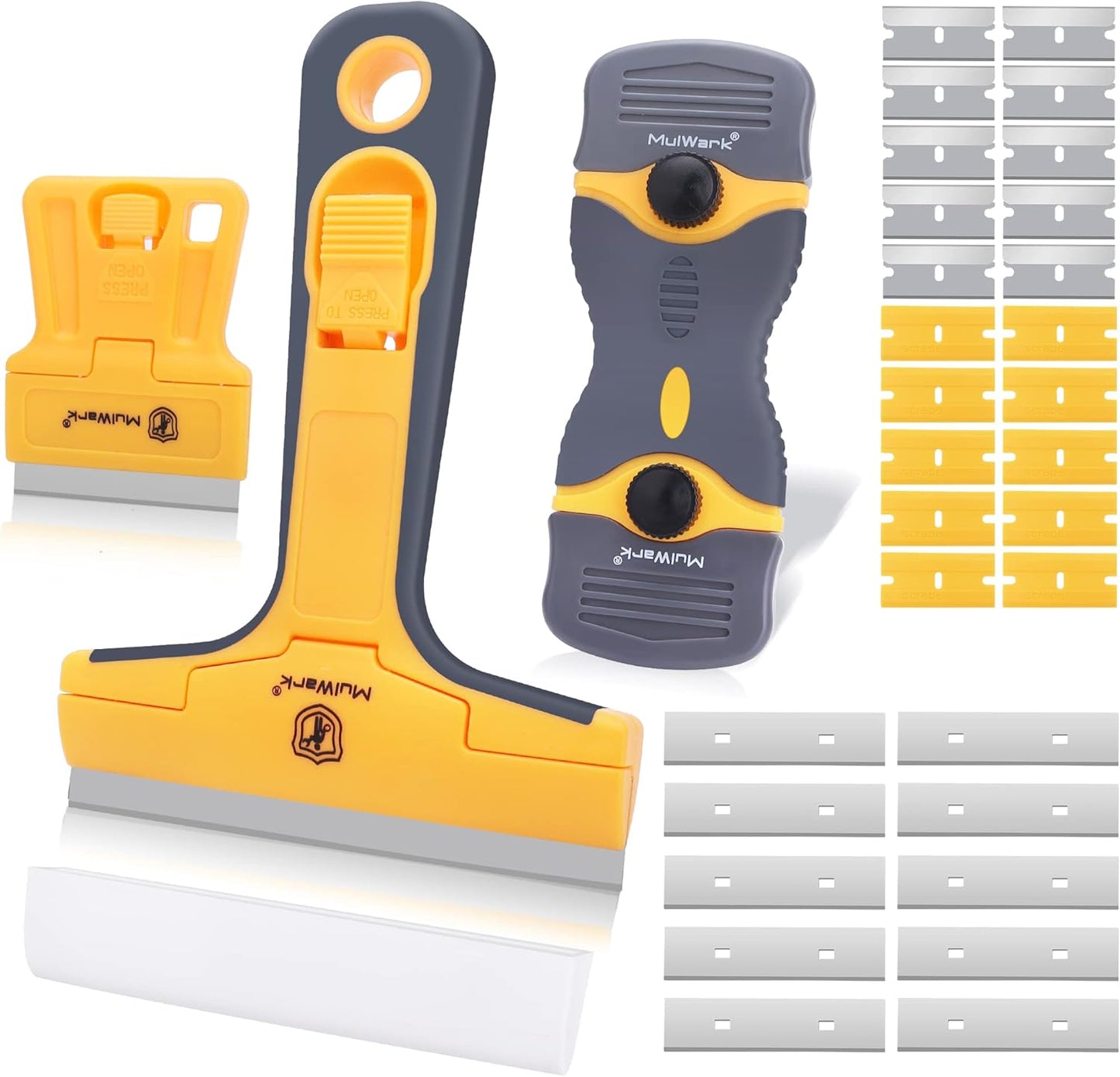 MulWark Razor Blade Scraper Tool Set, 3-Piece with 30 Replacement Blades - Heavy-Duty Cleaning