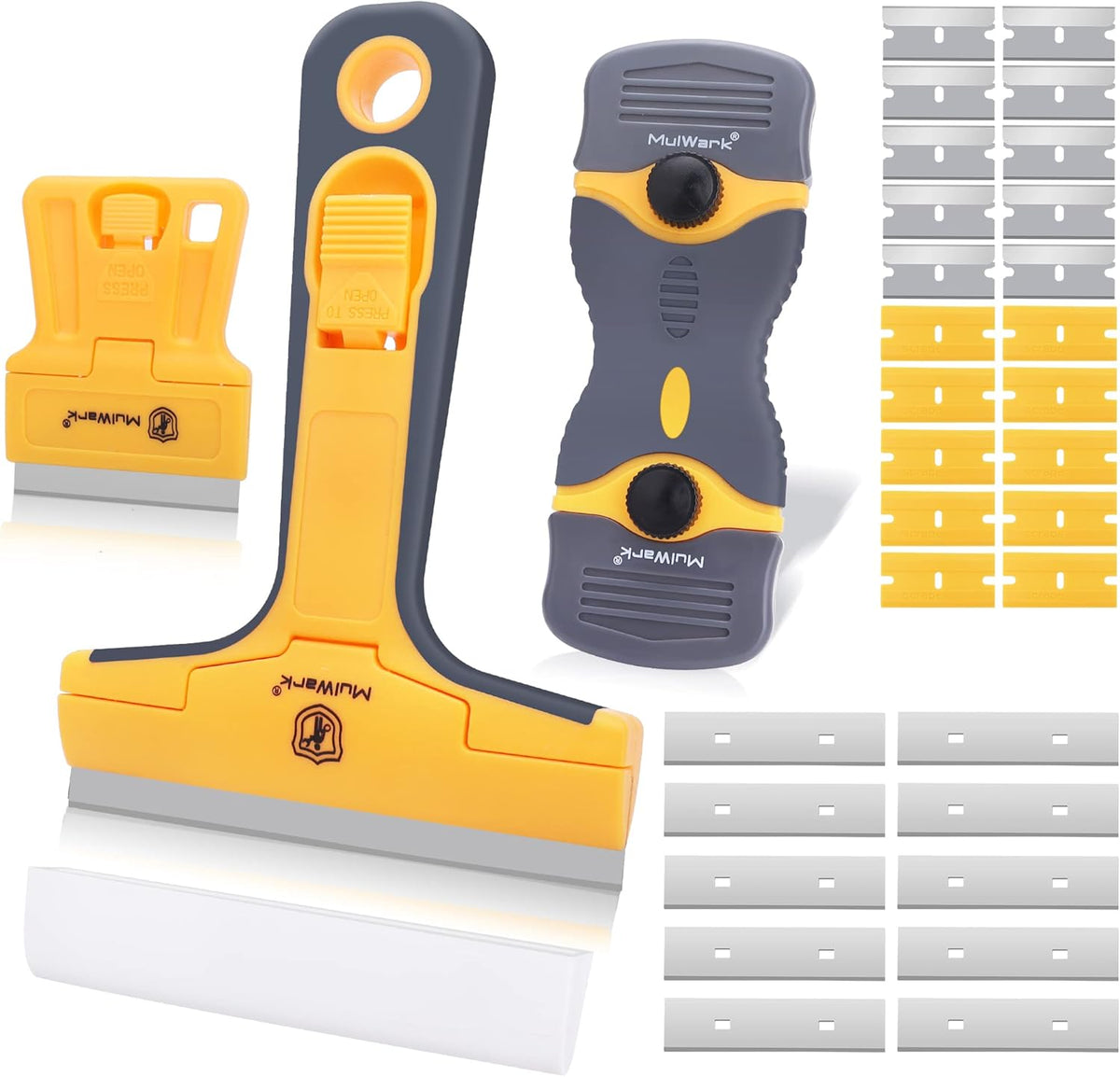 MulWark Razor Blade Scraper Tool Set, 3-Piece with 30 Replacement Blades - Heavy-Duty Cleaning