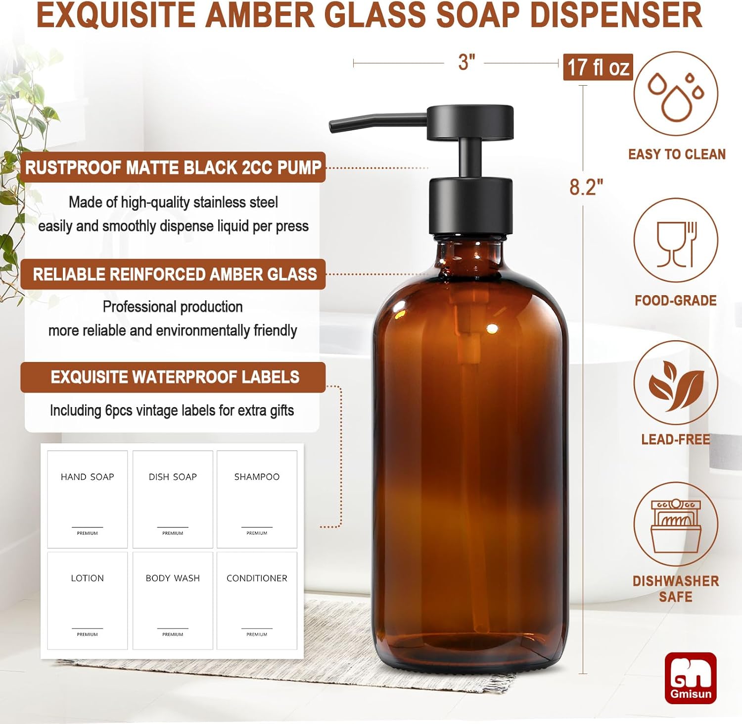 GMISUN Amber Glass Soap Dispenser, 2 Pack Bathroom Hand Soap Dispensers with Stainless Steel Flat